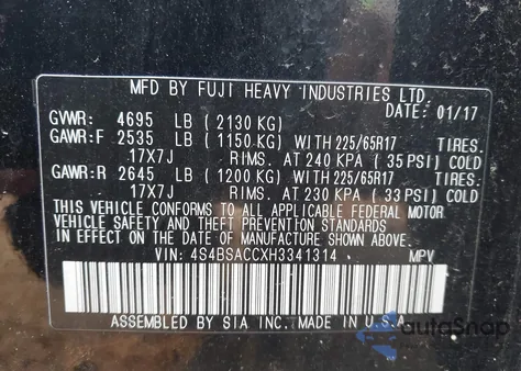 2017 Subaru Outback 2.5I Premium from USA, damaged, VIN 4S4BSACCXH3341314